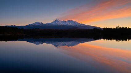 Fototapeta premium Majestic mountain peaks reflecting in calm lake at sunset
