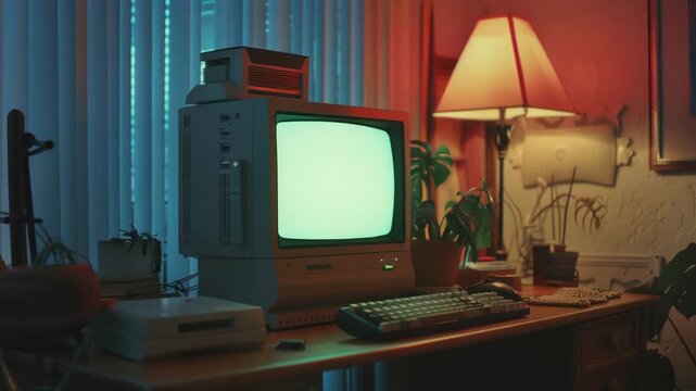 An old computer sitting on a wooden desk, suitable for use in scenes depicting nostalgia or retro technology