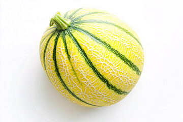 Yellow and Green Striped Melon Isolated on White Background Exotic Summer Fruit Image