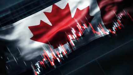 A Canadian flag displayed alongside a stock market graph, suitable for financial or patriotic themes - Powered by Adobe