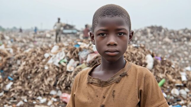 Serious Black Child posing in a third world country public dump looking at the camera	
