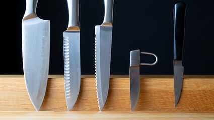 A collection of kitchen knives and a peeler on a wooden surface