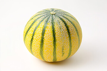 Yellow and Green Striped Melon Isolated on White Background Exotic Summer Fruit Image