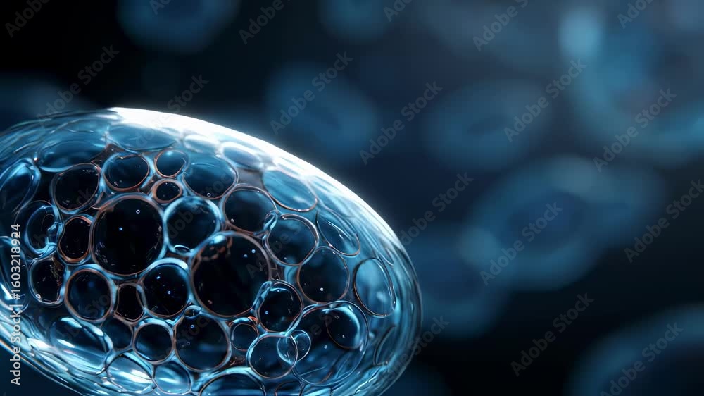 Poster microscopic view of a transparent cell with visible internal structures resembling bubbles, floating
