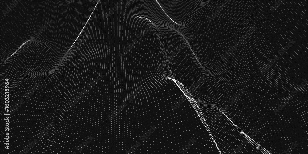 Poster futuristic dot wave. abstract digital particle wave. black and white music wave. dark background. di