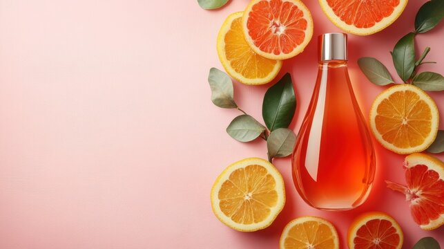 Refreshing citrus elixir bottle surrounded by fresh sliced oranges and grapefruits