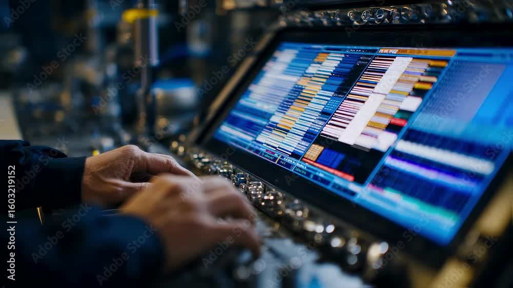 Poster close up of industrial engineer's hands operating a control panel with a computer screen displaying 