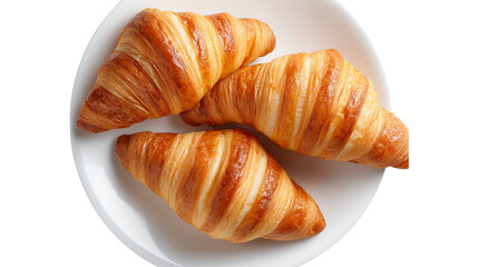 Three Golden Croissants on White Plate Top View