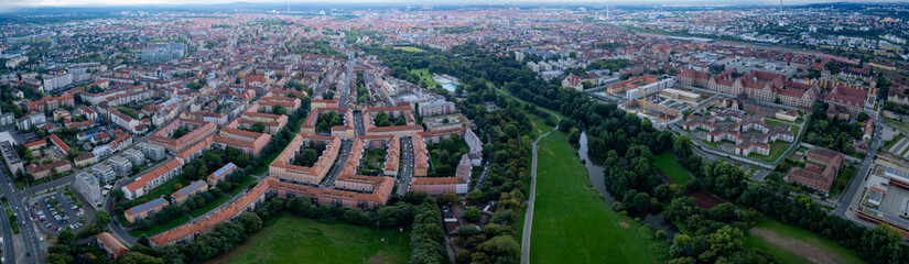 Aerial panoramic view around the old town of the city Nuremberg on a cloudy spring noon in Germany.