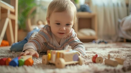 Baby playing with wooden toys on carpet in bedroom