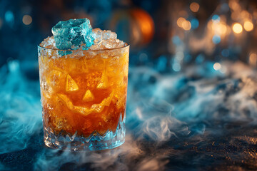 Halloween cold cocktail or drink with jack o'lantern face