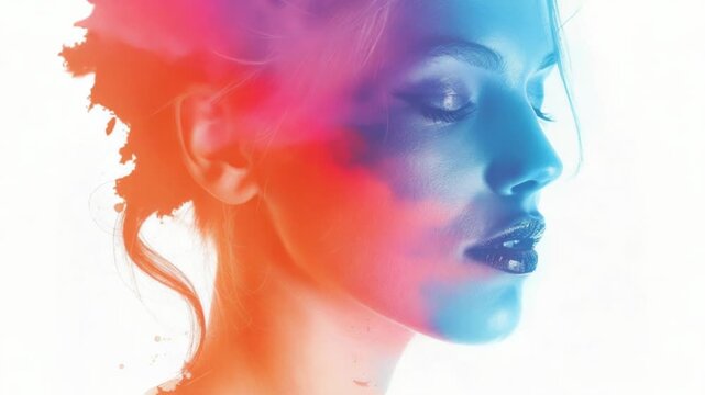 A close-up of a woman's face with vibrant colors applied as body art, great for representing creativity and self-expression