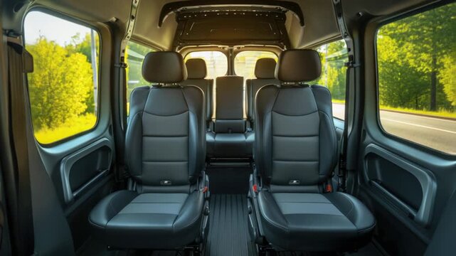 Four-row van interior with comfortable seating for many passengers