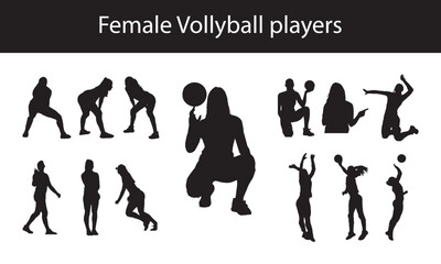Silhouettes of Female Volleyball Players in Various Athletic Poses and Jumping Actions on White Background

