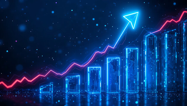 Glowing blue neon bar graph with a vibrant red line chart showing upward trend and arrow indicating growth and success in a dark starry background - Powered by Adobe