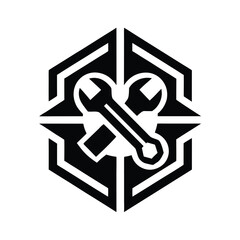 Minimalist logo crossed wrenches within geometric shape tool mechanical