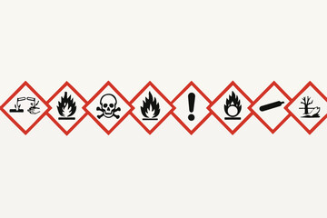 Collection of ghs hazard pictograms arranged in a horizontal line