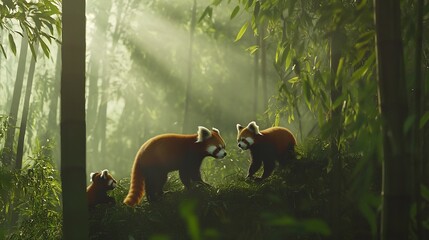 Family of red pandas exploring a bamboo forest during the early morning with soft rays of sunlight filtering through the mist creating a serene and peaceful scene