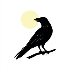 Lonely Raven Sitting Under Moonlit Sky at Night silhouette Art Vector illustration