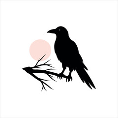 Dark Raven on Tree Branch Beneath Full Moonlight silhouette Art Vector illustration