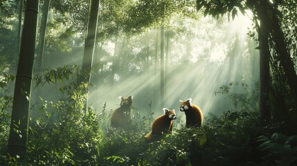 Family of red pandas exploring a bamboo forest during the early morning with soft rays of sunlight filtering through the mist creating a serene and peaceful scene