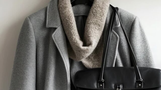 A black purse hangs from a coat rack, ready to be grabbed