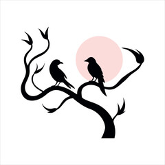 Twisted Branches Holding Birds in Night Moon Glow silhouette Art Vector illustration