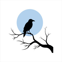 Single Crow on Bare Tree Branch Under Full Moonlight silhouette Art Vector illustration