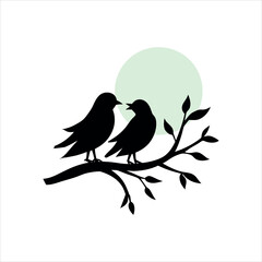 Two Birds Kissing on Tree Branch Beneath Moon Glow silhouette Art Vector illustration