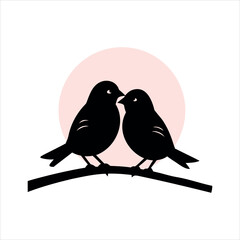 Two Sparrows Cuddling on Branch in Moonlit Evening silhouette Art Vector illustration