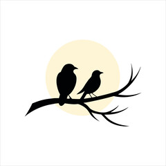 Full Moon Shines Behind Birds Perched on a Tree Branch silhouette Art Vector illustration