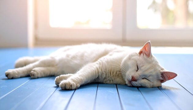 Sleepy white cat on blue wooden floor