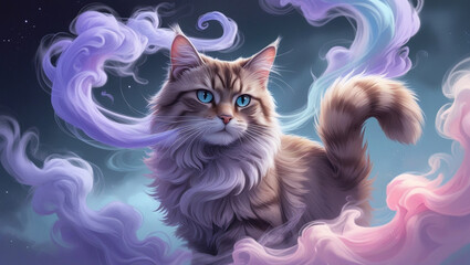 Digital Pastel Sketch of a Mystical Cat Emerging from Colorful Smoke – High Detail Fantasy Illustration in Soft Lavender and Blue Tones