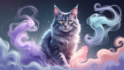 Digital Pastel Sketch of a Mystical Cat Emerging from Colorful Smoke – High Detail Fantasy Illustration in Soft Lavender and Blue Tones