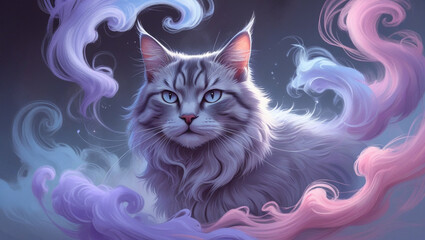 Digital Pastel Sketch of a Mystical Cat Emerging from Colorful Smoke – High Detail Fantasy Illustration in Soft Lavender and Blue Tones