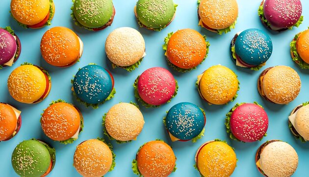 Colorful burgers arranged in a pattern on a light blue surface