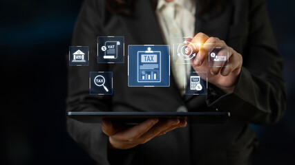Financial regulation and tax compliance concept showing tax document, VAT, transaction flow, and...