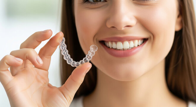 Young woman holding invisible clear aligner close up. Dental health, beautiful smile, dentistry