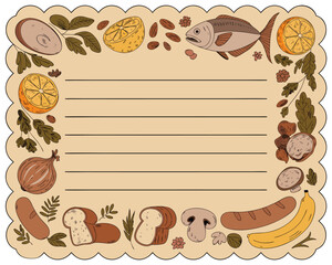Fototapeta premium Culinary Notes Illustration: A charming illustration showcases a vintage-style note card, adorned with a delightful border of culinary delights. The design evokes feelings of rustic charm. vintage rec