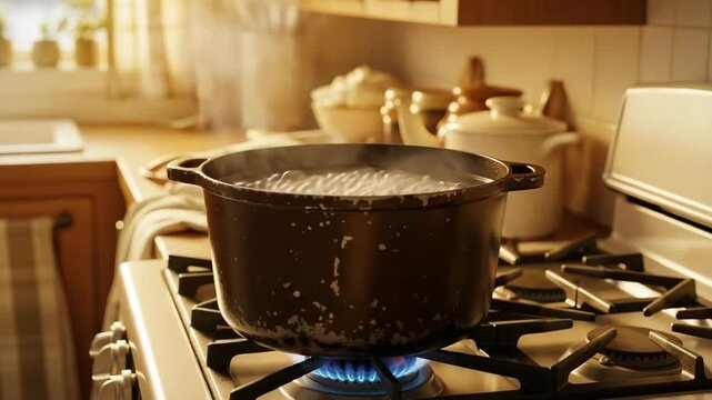 Worn old pot on a gas stove with boiling water, showcasing a rustic kitchen atmosphere