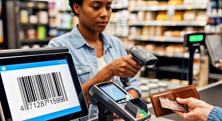 Retail Checkout Transaction with Credit Card and Barcode Scanner in Modern Supermarket