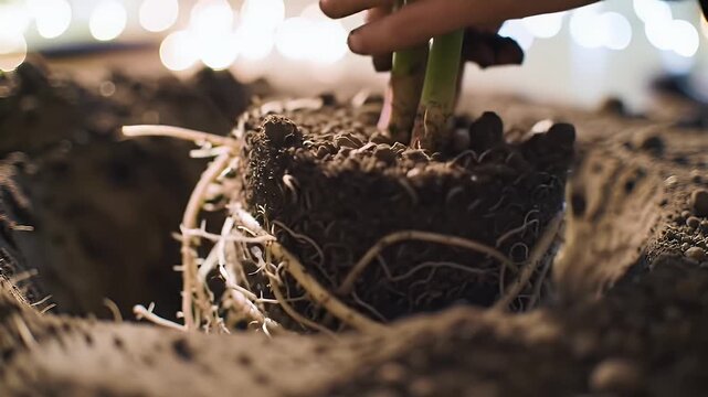 Close-up of hand planting root ball in soil showing roots and dirt. Blurry background of lights. Gardening process