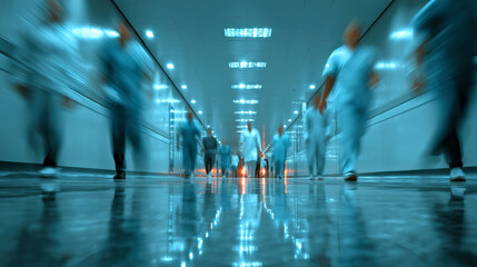 Fototapeta premium Blurred Motion of People in Hospital Corridor Captures Urgency and Activity in Healthcare Setting