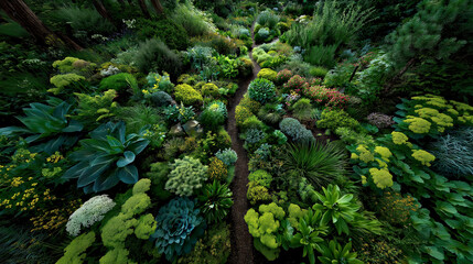 Fototapeta premium Lush Green Succulent Garden Pathway Surrounded by Vibrant Greenery and Textured Plants. Drone view of wild garden