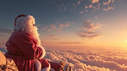 Santa Claus in his sleigh waves goodbye, flying into a sunrise sky, marking the end of a magical Christmas night, warm, festive, and whimsical scene.