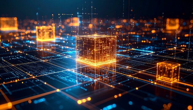 Abstract digital network of glowing cubes