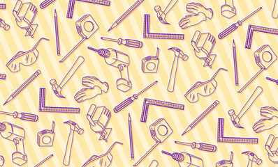Seamless pattern for tools. Pattern featuring an assortment of construction tools arranged on a striped background. Use for construction-themed designs and packing background.