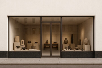 Minimalist storefront for a sculptural decor studio, with white stucco facade, dark stone base, and large glass windows revealing curated ceramic, stone, and metal objects on plinths in a serene, gall