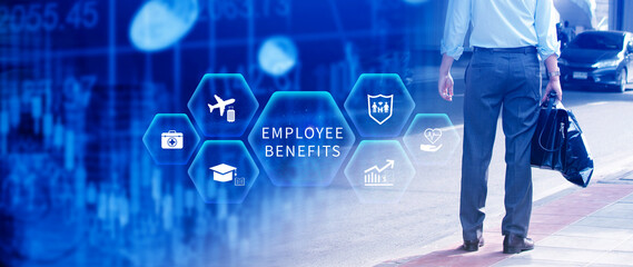 Employee Benefits Career Concept. Business Bonus Work Perks, Fringe benefits for employee engagement, Insurance, paid vacation, office perks