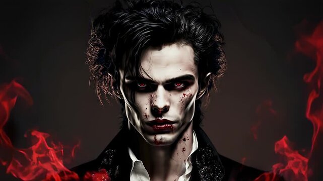 Portrait of a menacing vampire with blood and red eyes